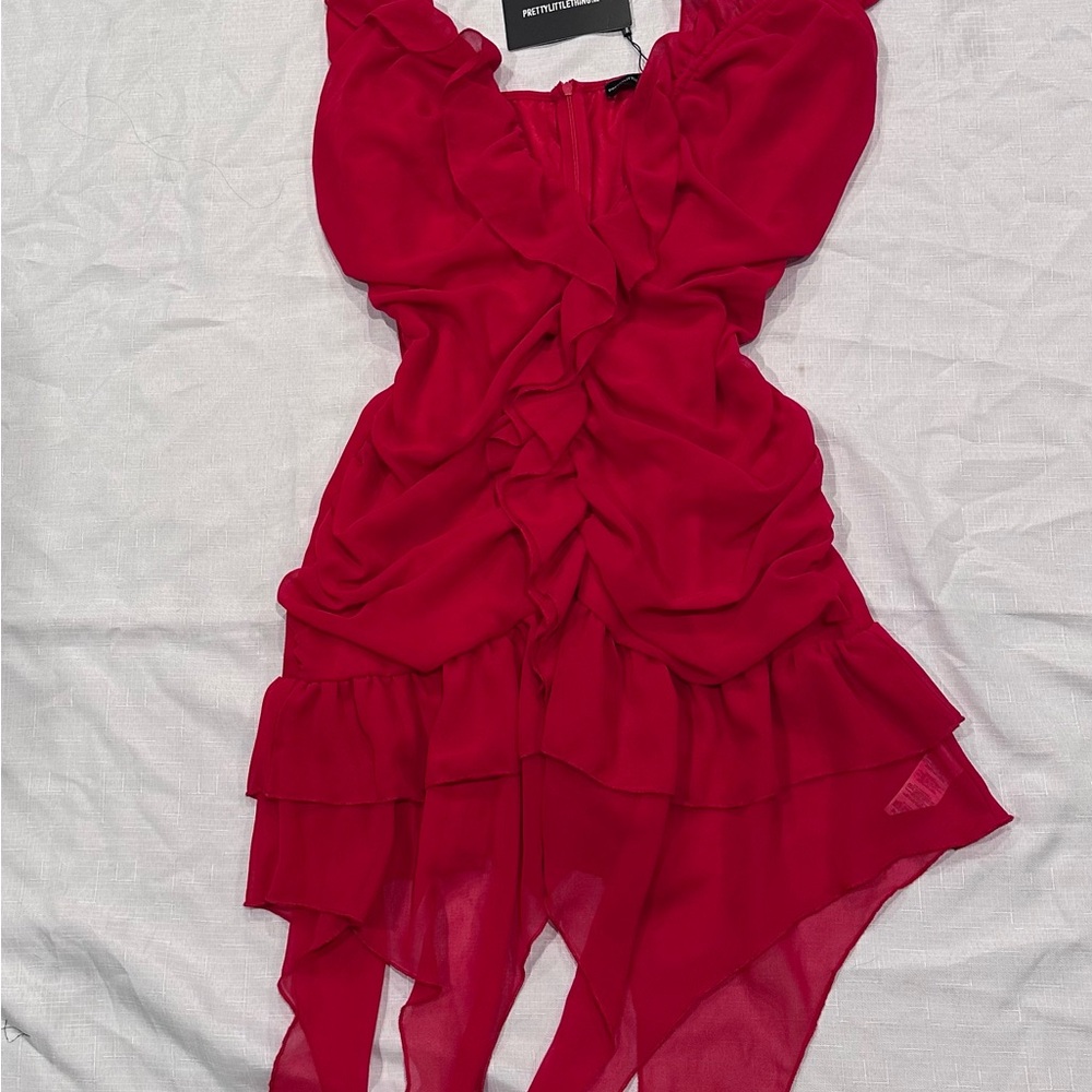 PrettyLittleThing Red Asymmetrical Ruched Sundress